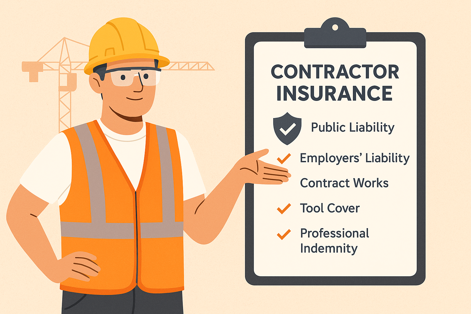 Construction worker in a hard hat and safety vest standing beside a large checklist highlighting essential contractor insurance types—ideal for UK builders seeking protection and compliance.